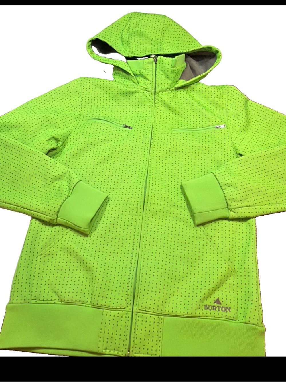 Burton Dryride Kunshan Jacket Women’s M, Neon Green Gray Dots Hooded Softshell